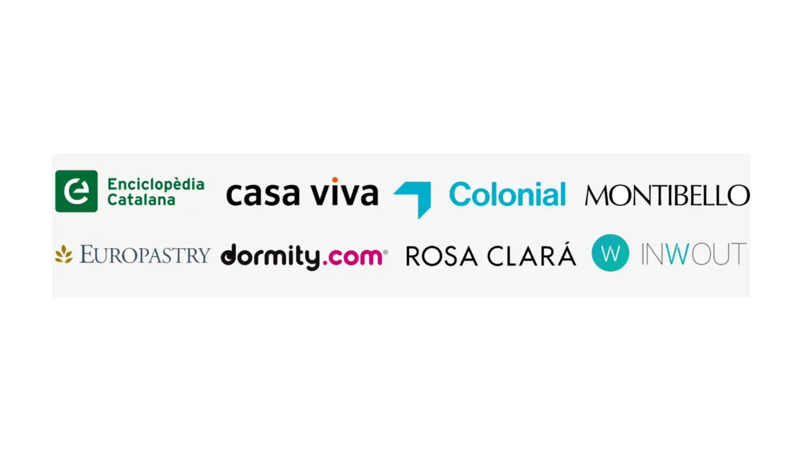 Panel de logotipos de clientes destacados incluyendo Enciclopèdia Catalana, Casa Viva, Colonial, Montibello, Europastry, Dormity, Rosa Clará e Inwout.