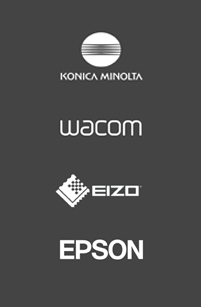 Logotipos en blanco de Konica Minolta, Wacom, Eizo y Epson sobre un fondo gris oscuro.